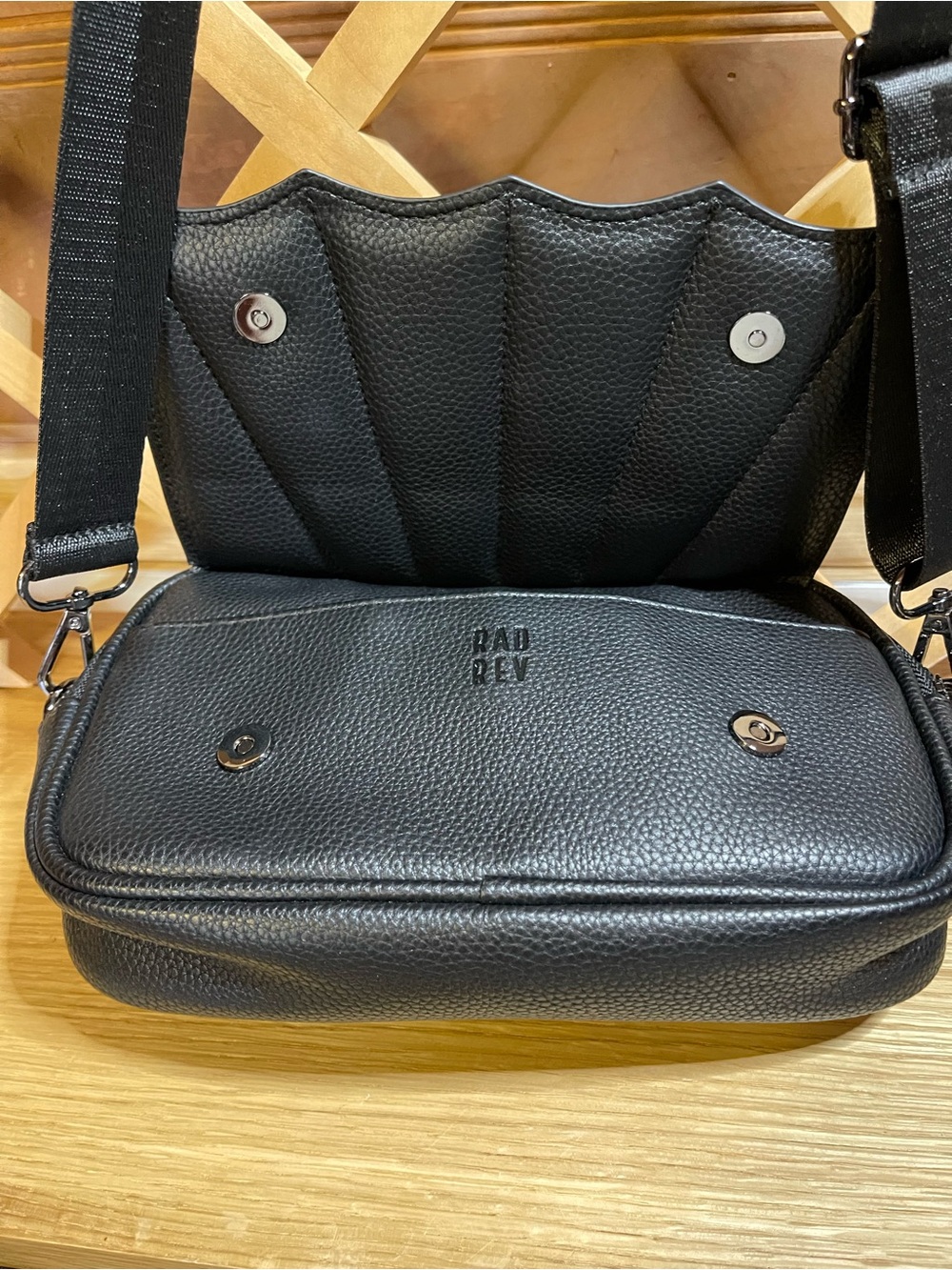 RadRev Edgy Crossbody in Black / Studded Batwing Scalloped Magnetic Flap